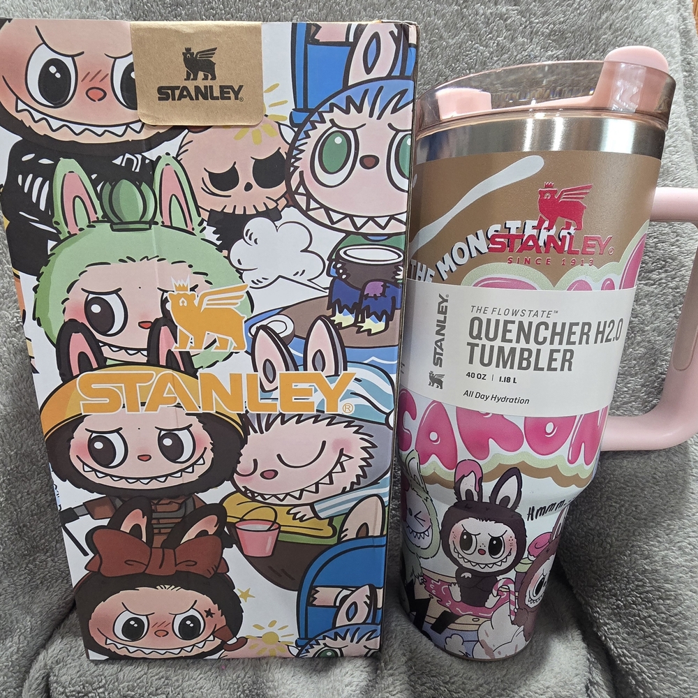 Stanley Quencher 40oz Caramel Tumbler with Pink and Labubu  Design